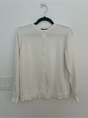 LILLUSORY Women’s Large White 100% Cotton Crew Neck Button Front Cardigan